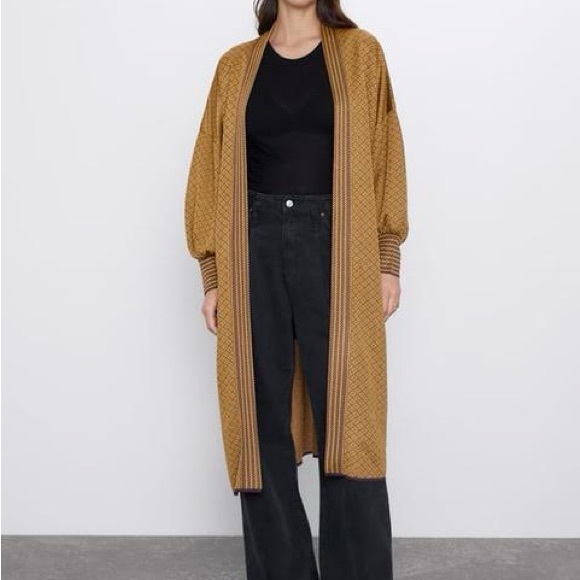 Zara Jacquard Gold Knit Cardigan Puff Sleeves - Picture 2 of 10
